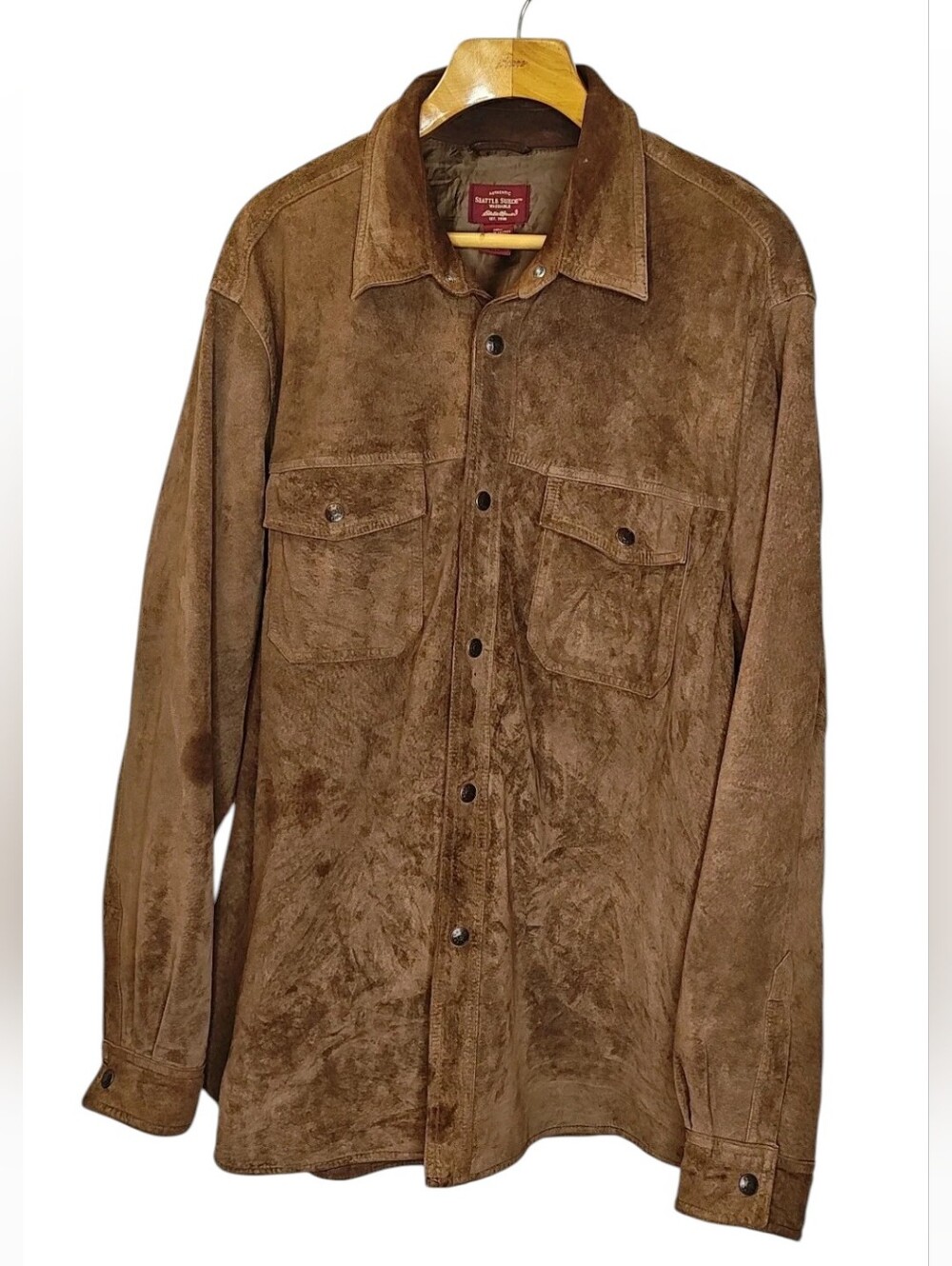 Vintage Y2K Eddie Bauer 2X Tall Seattle Suede Leather Shirt Jacket Brown Snap Up